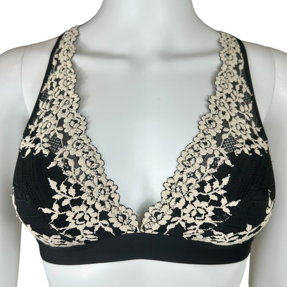 Wacoal B-Smooth Lace Bralette Black Cream Floral Wireless J-Hook 852191 34